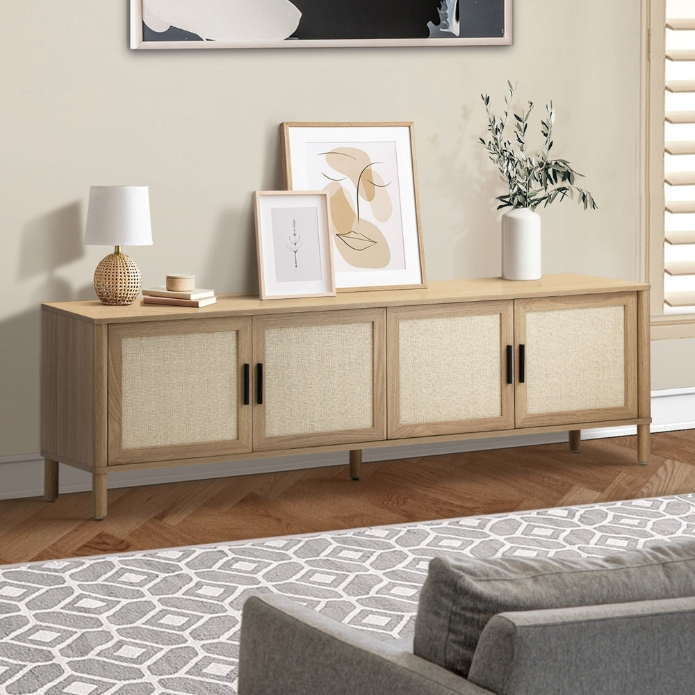 Oikiture TV Cabinet Entertainment Unit Stand 160cm Rattan Doors Natural