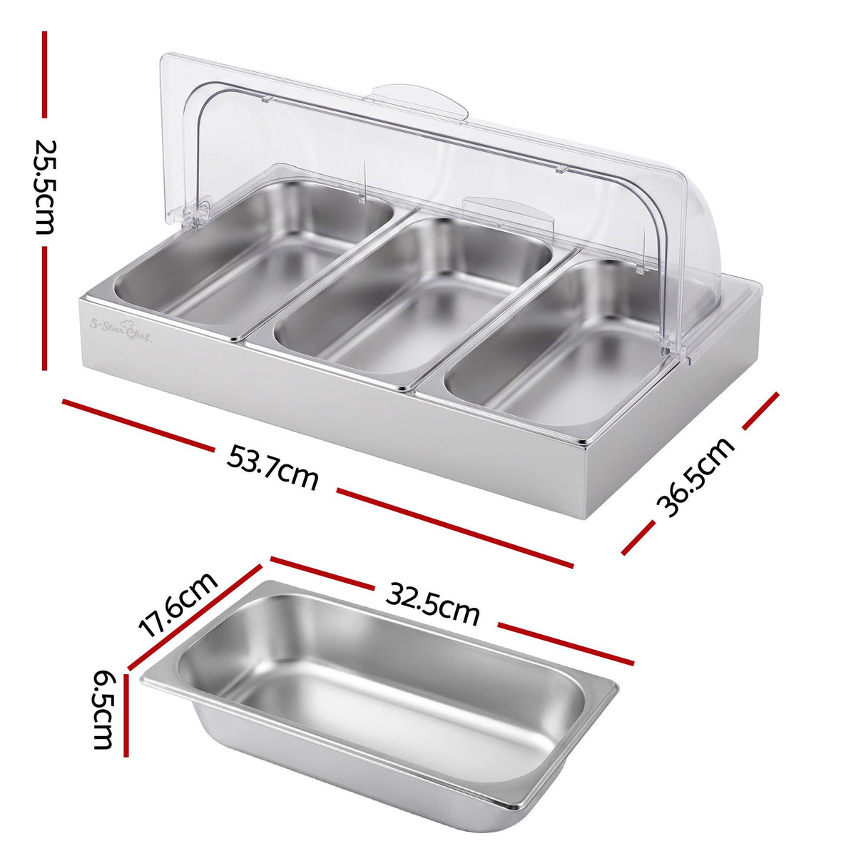 5-Star Chef 3 Pan Food Serving Display Stainless Steel with Clear Roll Top Cover