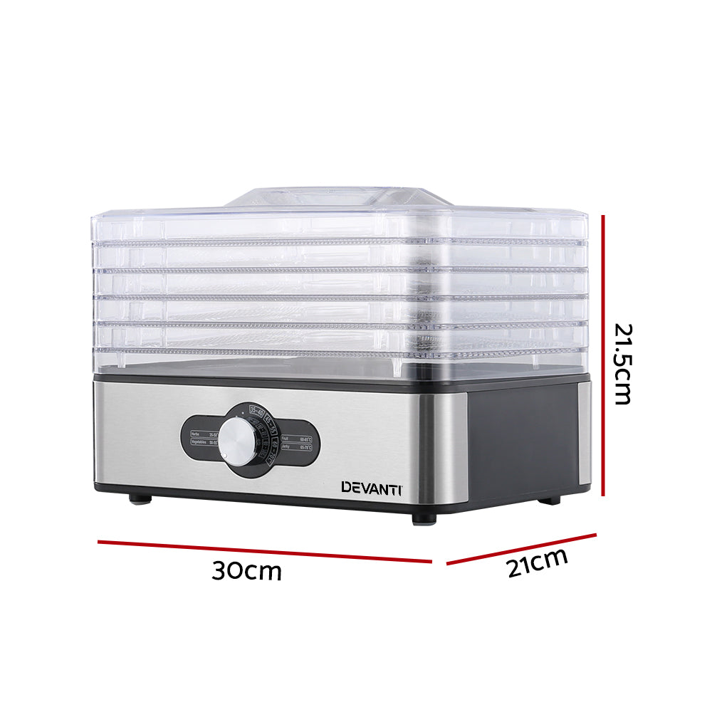 Devanti Stainless Steel 5-Tray Food Dehydrator with Adjustable Thermostat
