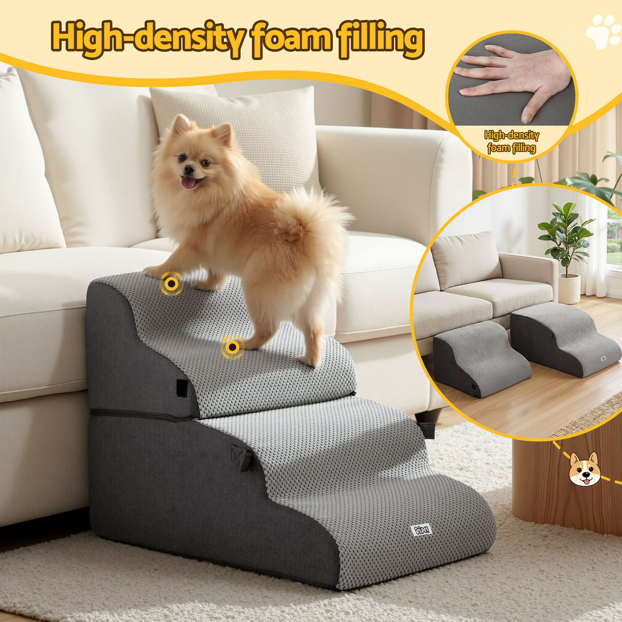 i.Pet Dog Stairs and Bed 2-in-1 Sofa Car Foam Non-Slip Washable Pet Stairs Indoor Grey