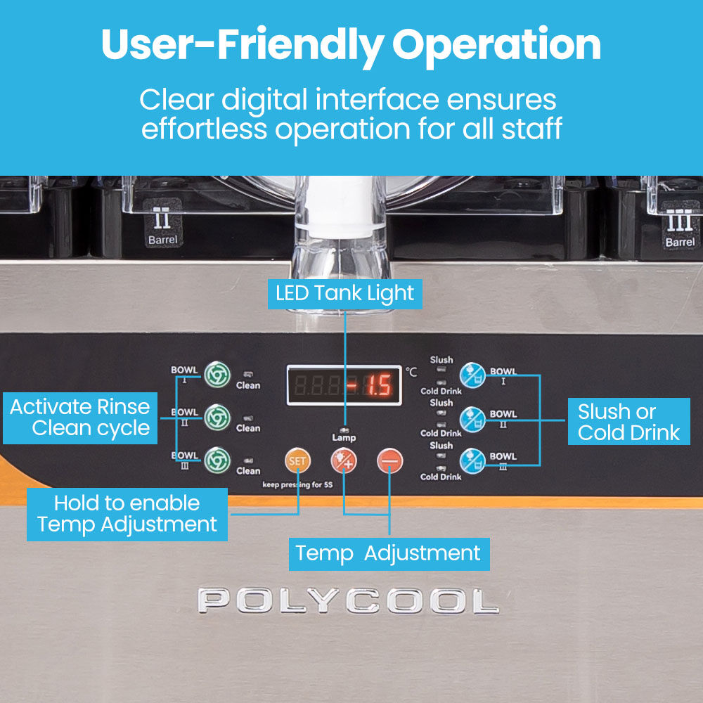 POLYCOOL 36L Triple Tank Commercial Slush Machine, Digital Control Panel, SAA Approved, Juice and Frozen Slushy Maker
