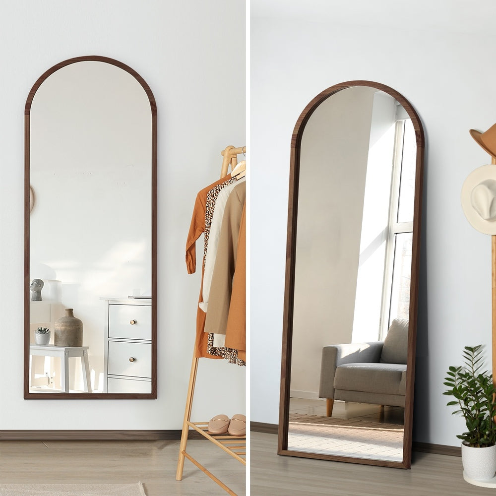 Oikiture Wooden Full Length Mirror 166x60cm Arched Floor Mirrors Brown