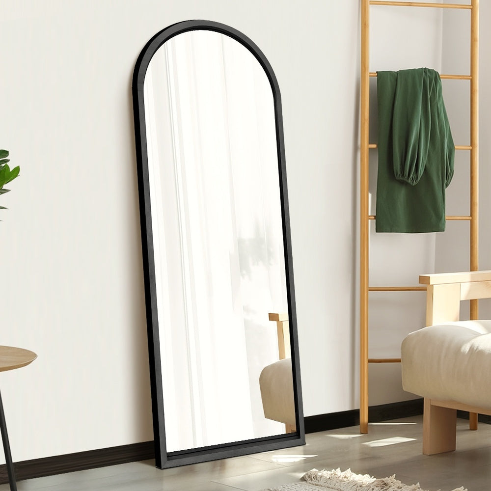 Oikiture Wooden Full Length Mirror 166x60cm Arched Floor Mirror Black