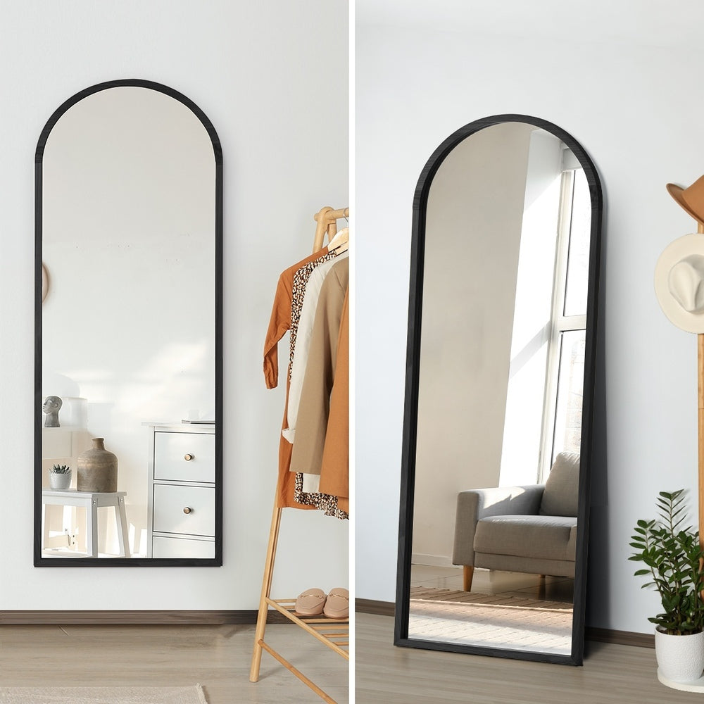 Oikiture Wooden Full Length Mirror 166x60cm Arched Floor Mirror Black