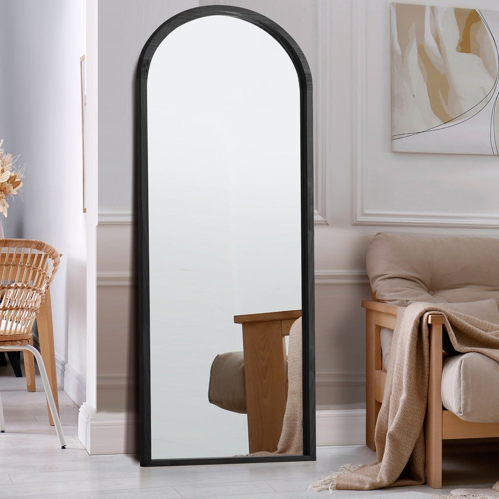 Oikiture Wooden Full Length Mirror 180x70cm Arched Floor Mirrors Black