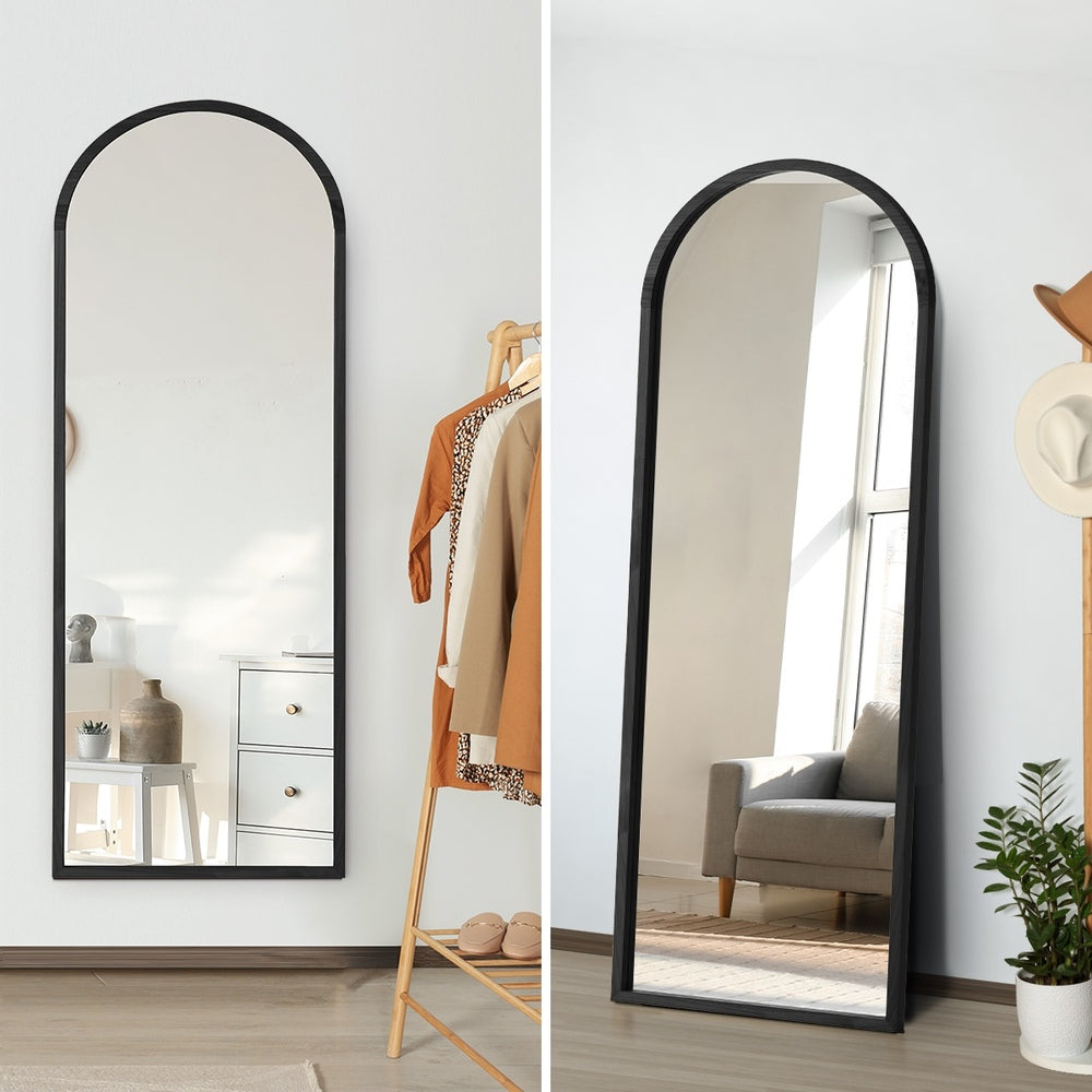 Oikiture Wooden Full Length Mirror 180x70cm Arched Floor Mirrors Black