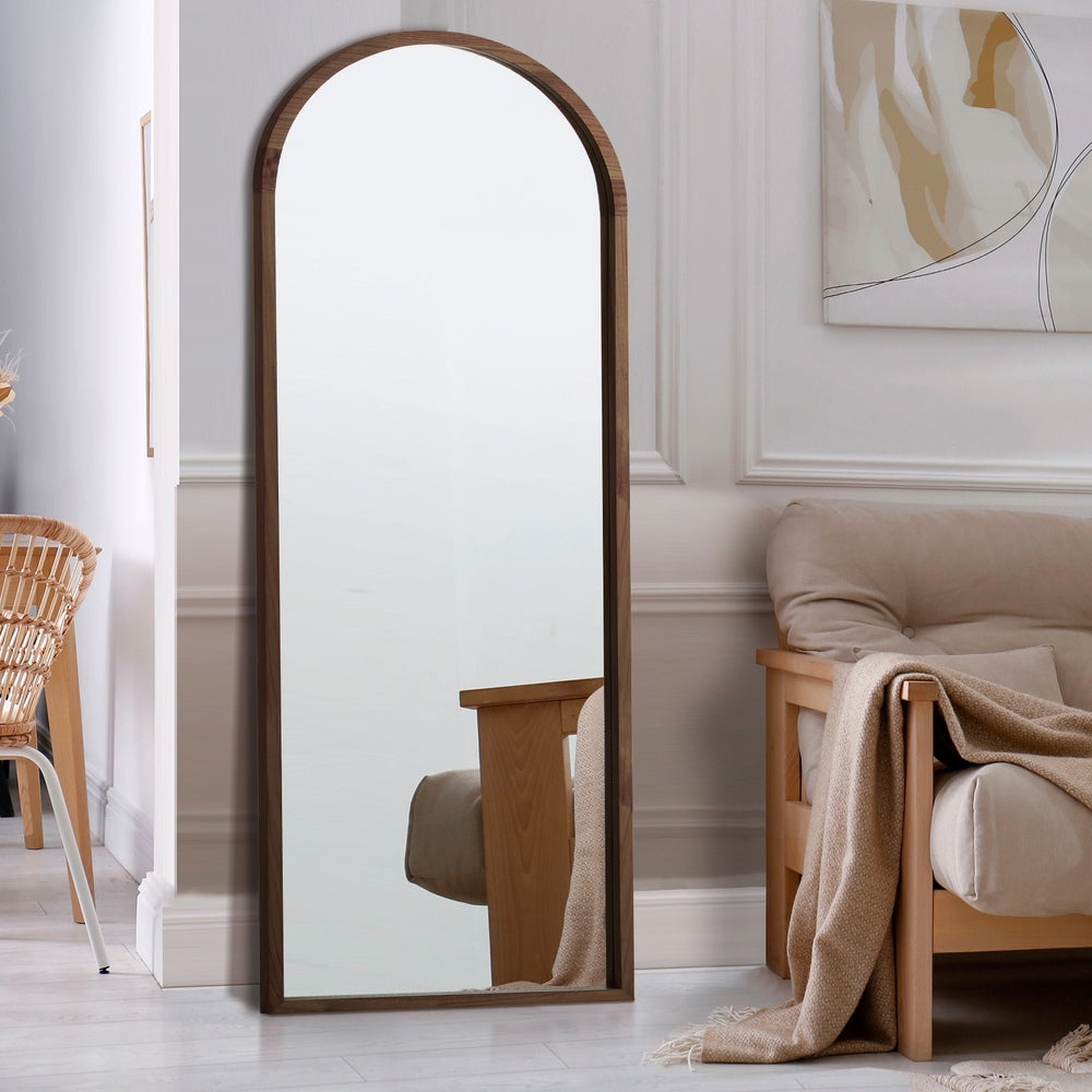 Oikiture Wooden Full Length Mirror 180x70cm Arched Floor Mirrors Brown