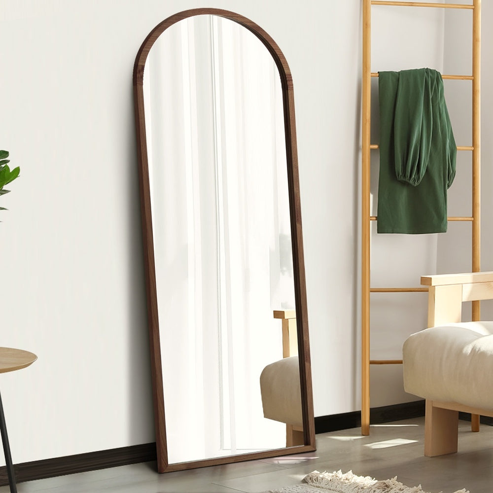 Oikiture Wooden Full Length Mirror 180x70cm Arched Floor Mirrors Brown