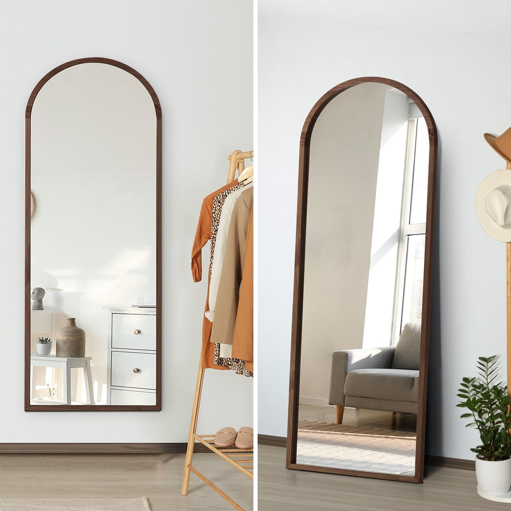 Oikiture Wooden Full Length Mirror 180x70cm Arched Floor Mirrors Brown