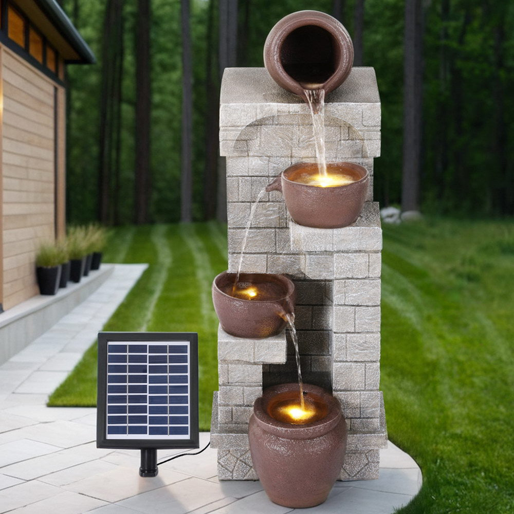Gardeon Solar Fountain Water Feature Pot Outdoor Indoor 4-Tier Cascading Brown