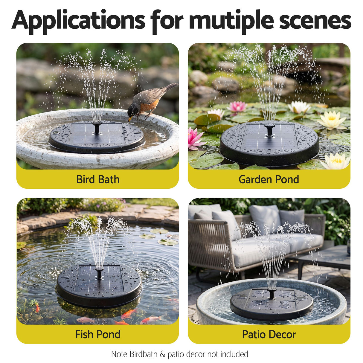 Gardeon Solar Fountain Pumps Bird Bath Battery Backup LED Remote Black 27cm