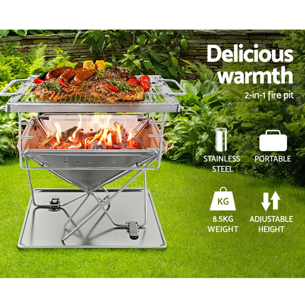 Versatile Stainless Steel Outdoor Fire Pit BBQ with Adjustable Cooking Rack for Camping and Tailgating