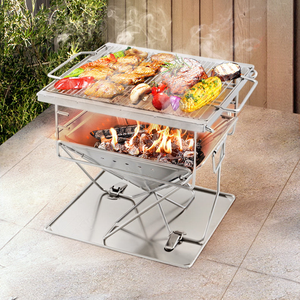 Versatile Stainless Steel Outdoor Fire Pit BBQ with Adjustable Cooking Rack for Camping and Tailgating