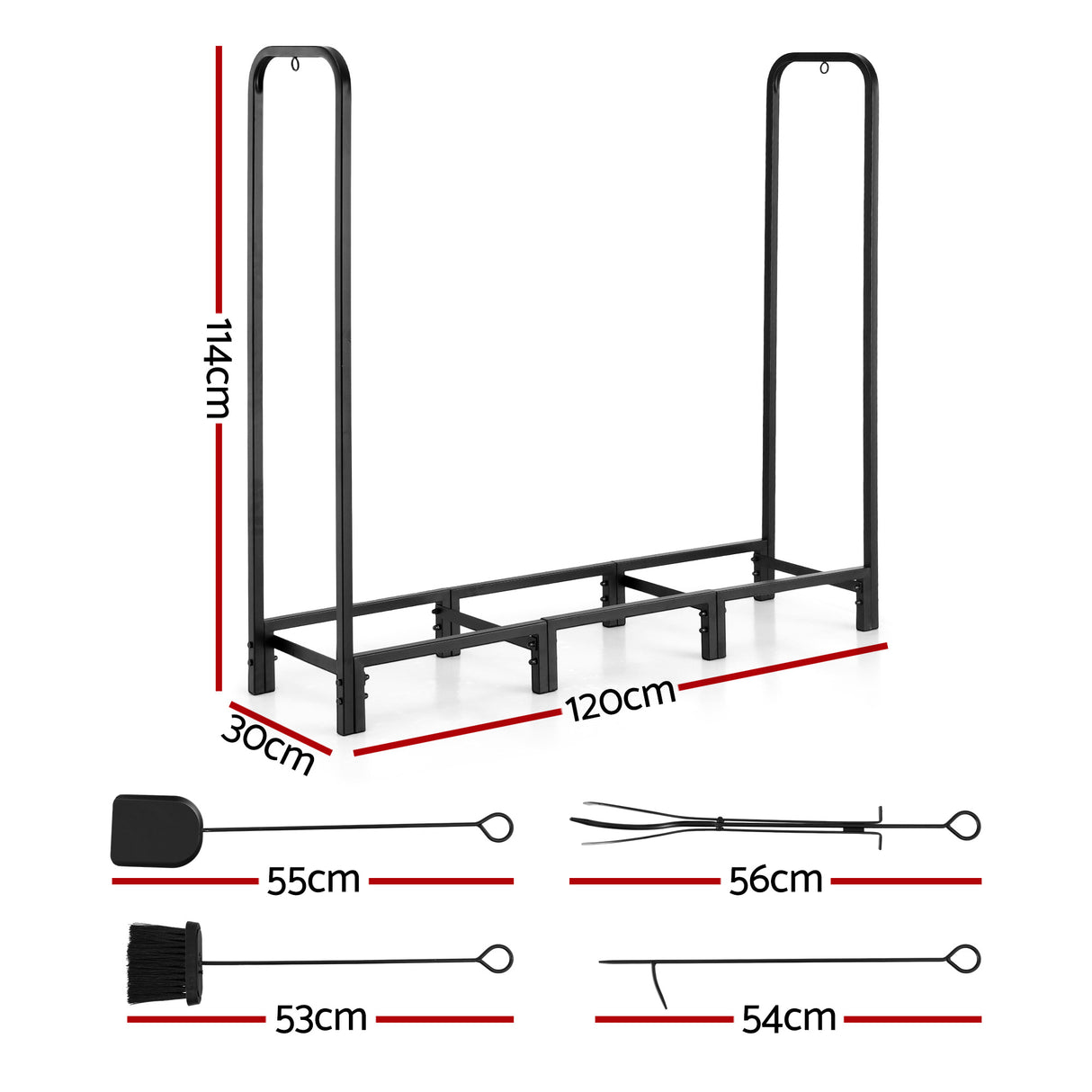 Gardeon Firewood Rack 120cm Wood Rack 3 Sizes Firewood Storage with Tools Black