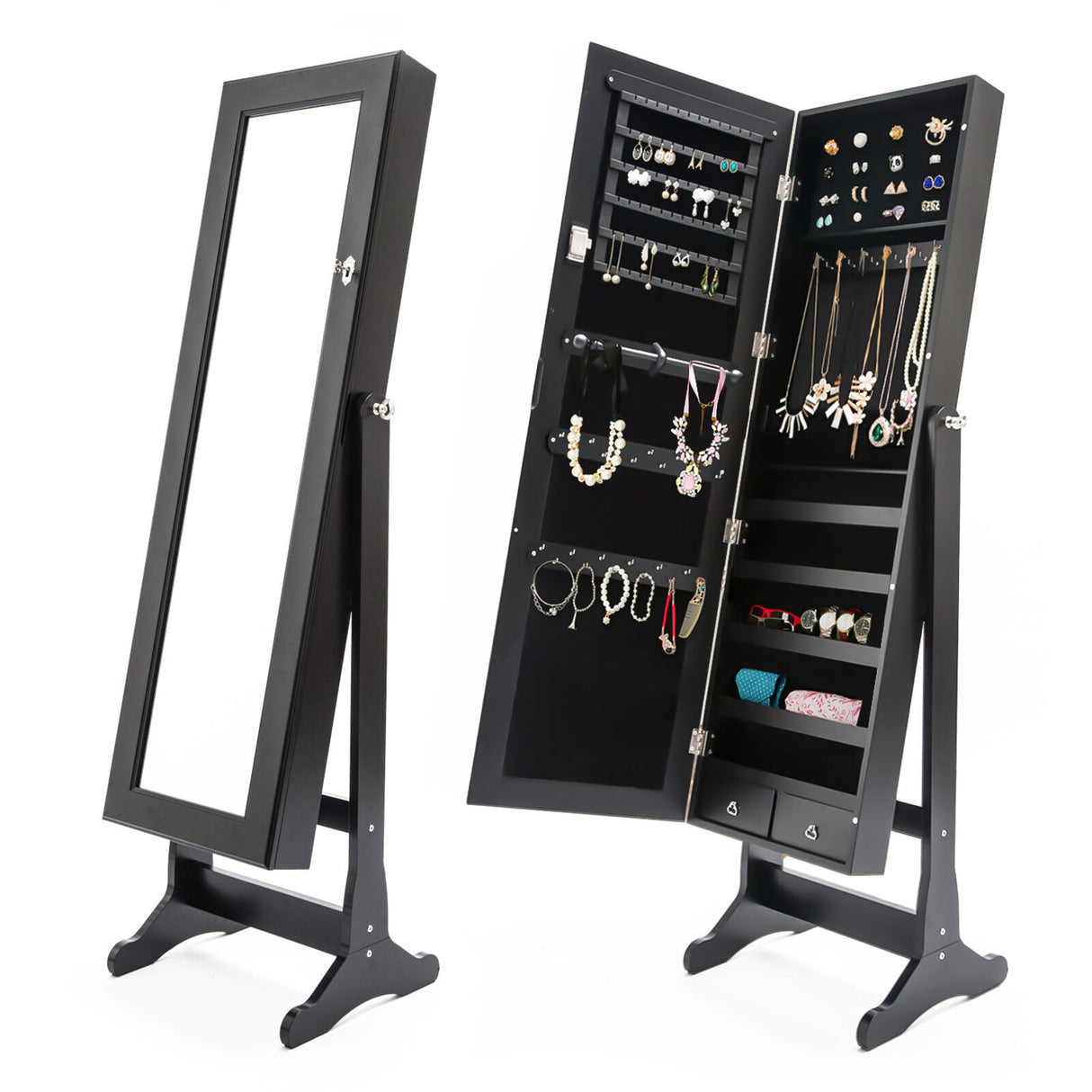 146cm Mirror Jewellery Cabinet 2 Drawers LOWE - BLACK