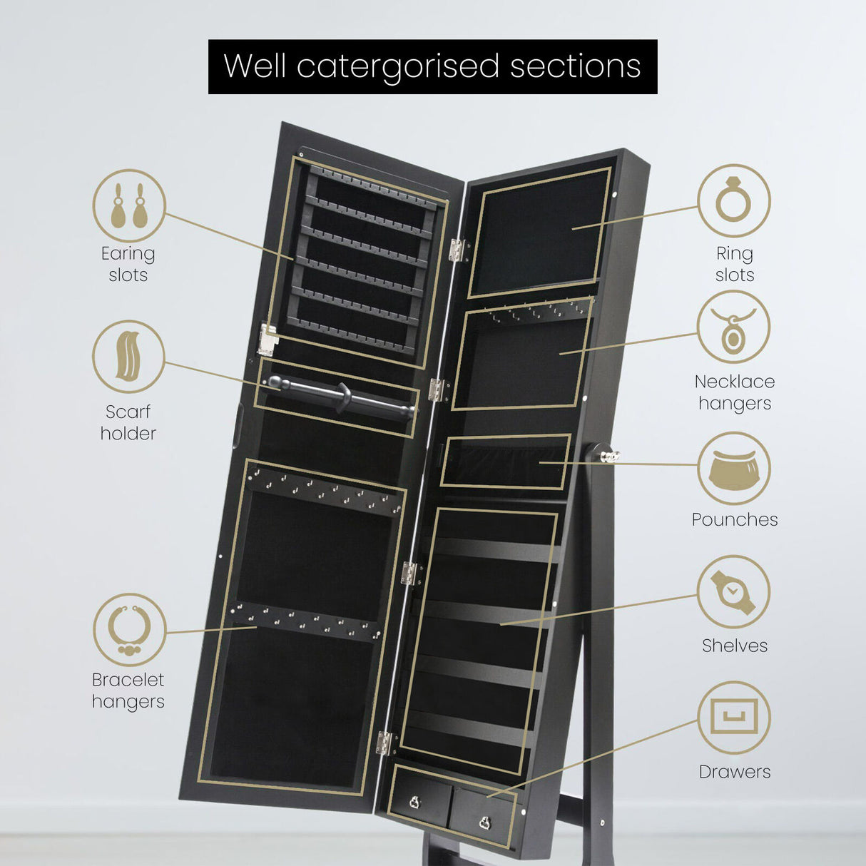 146cm Mirror Jewellery Cabinet 2 Drawers LOWE - BLACK