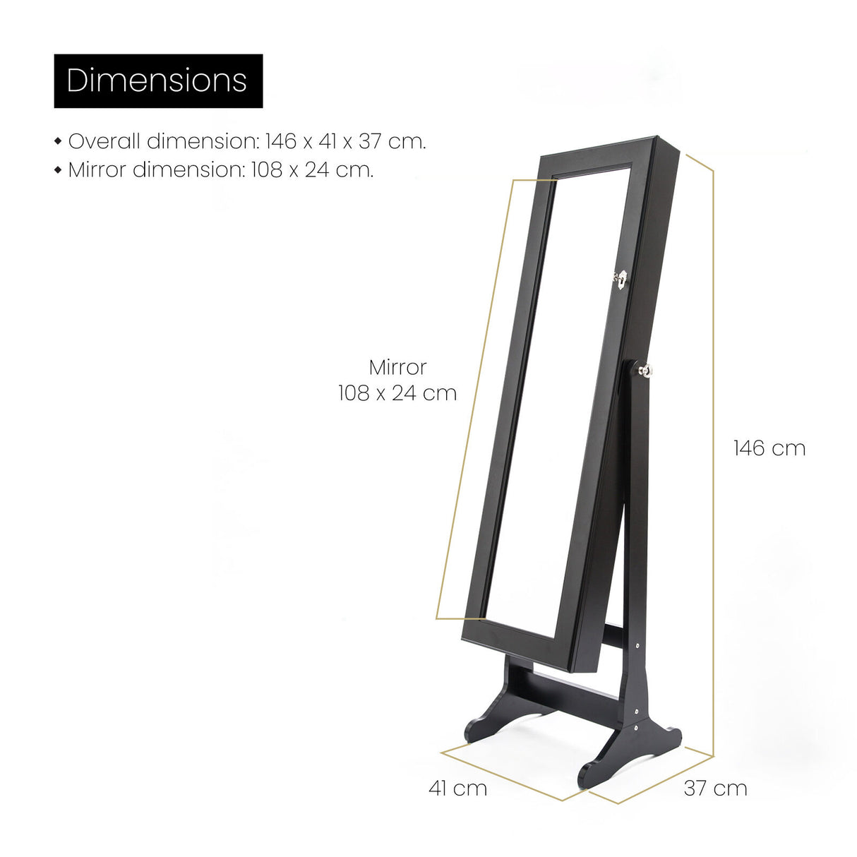 146cm Mirror Jewellery Cabinet 2 Drawers LOWE - BLACK