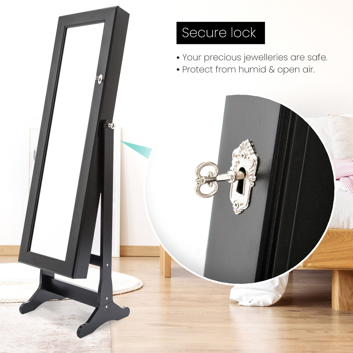 146cm Mirror Jewellery Cabinet 2 Drawers LOWE - BLACK