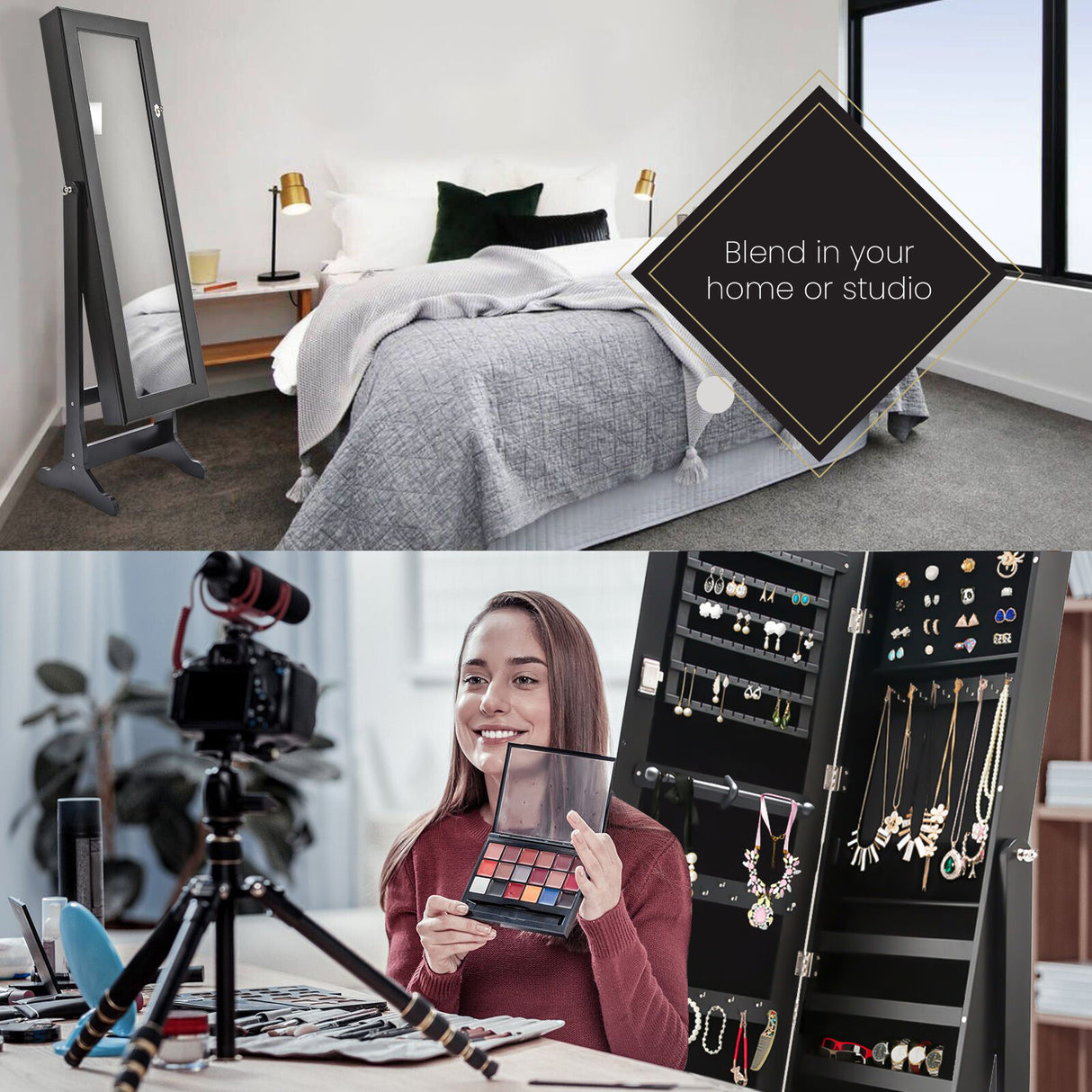 146cm Mirror Jewellery Cabinet 2 Drawers LOWE - BLACK