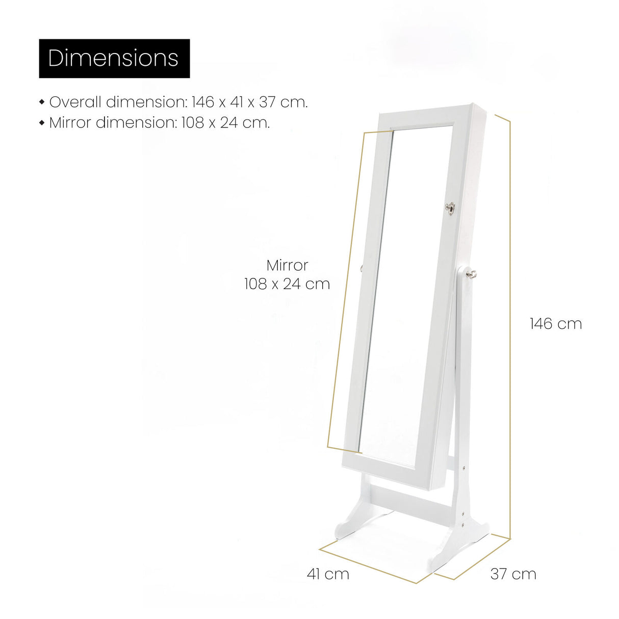 146cm Mirror Jewellery Cabinet 2 Drawers LOWE - WHITE