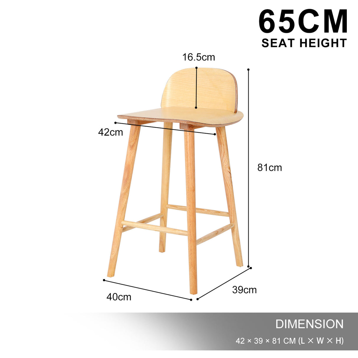 65cm Wooden Bar Stool Ash Wood ELISE