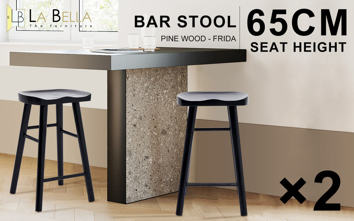 2X 65cm Wooden Bar Stool Pine Wood FRIDA - BLACK