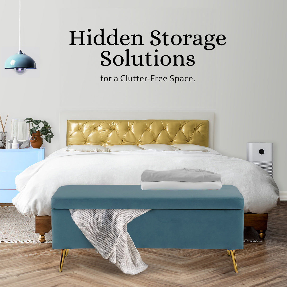 110cm Storage Ottoman Velvet - BLUE