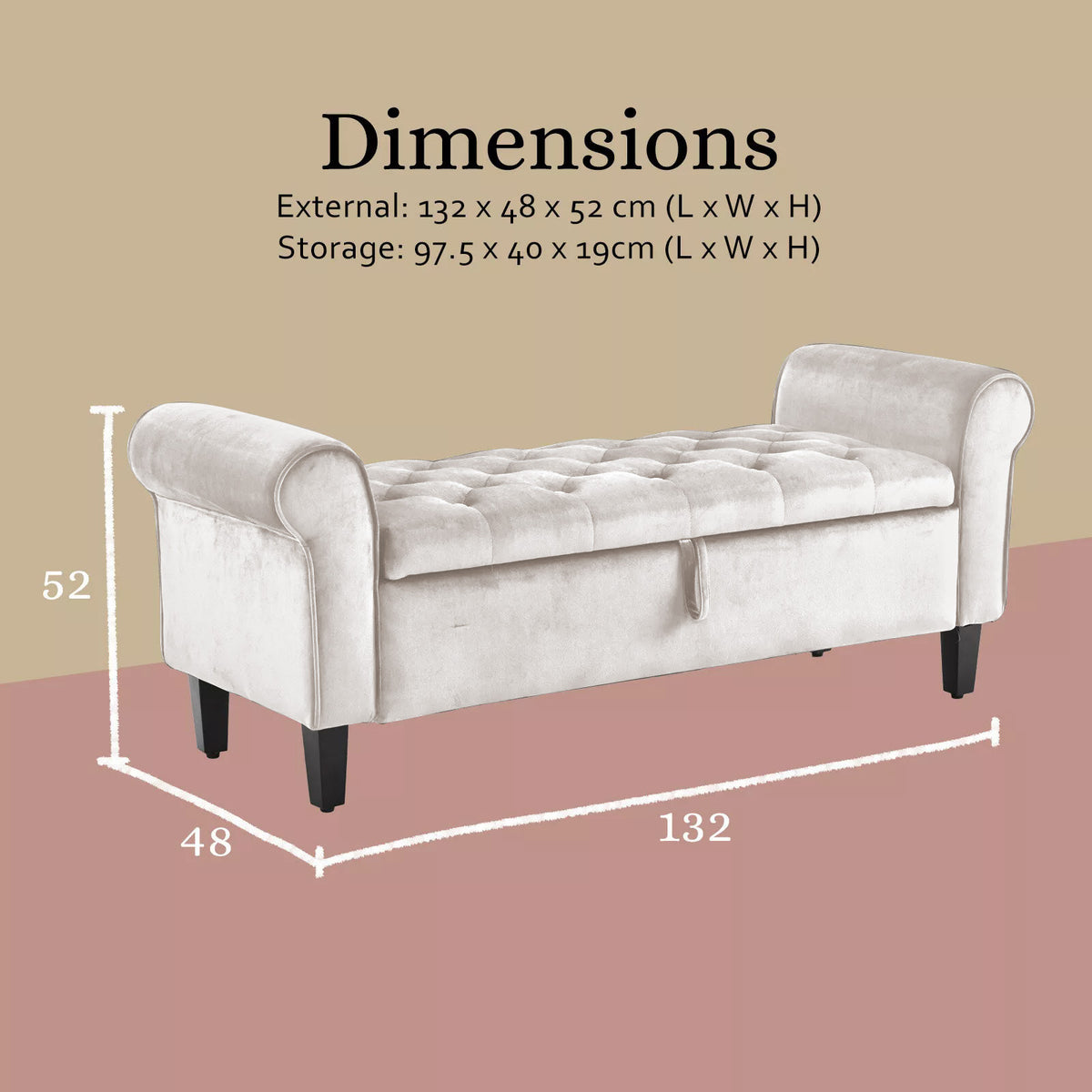 132cm Storage Ottoman Arm Velvet - BEIGE