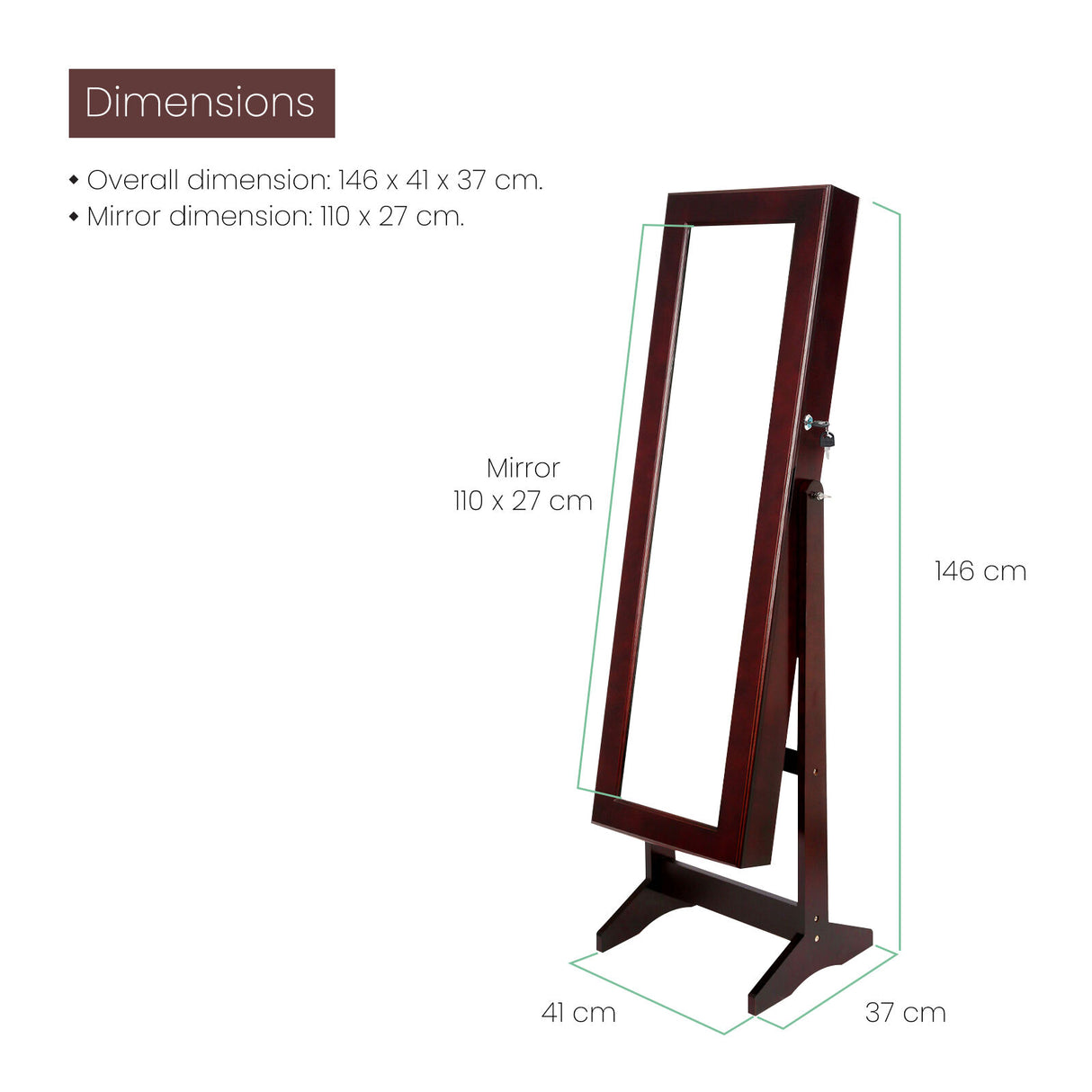 146cm Mirror Jewellery Cabinet LUVO - WALNUT