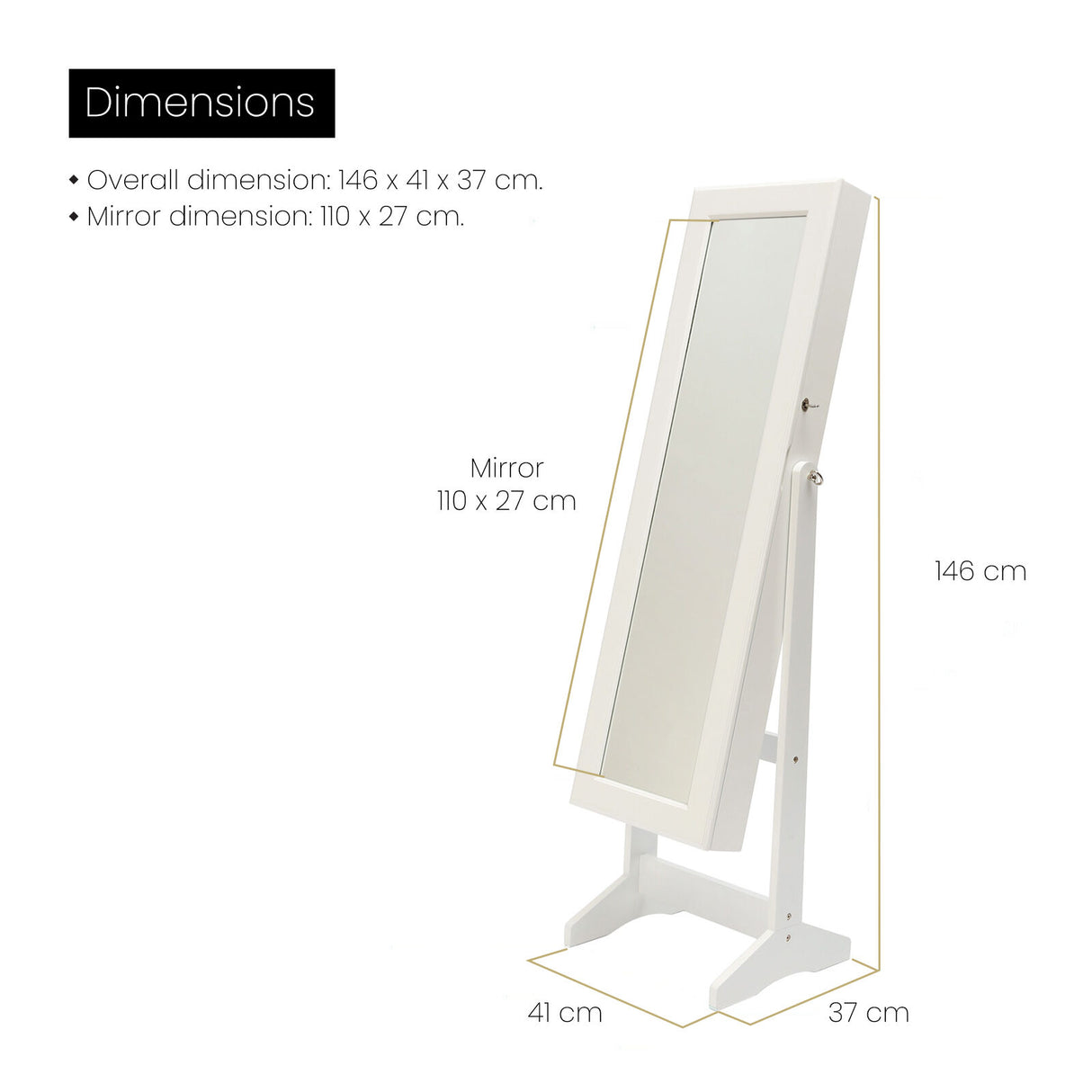 146cm Mirror Jewellery Cabinet LUVO - WHITE