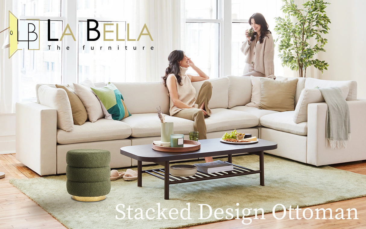 Ottoman Stool Teddy Fabric Round Stacked - GREEN