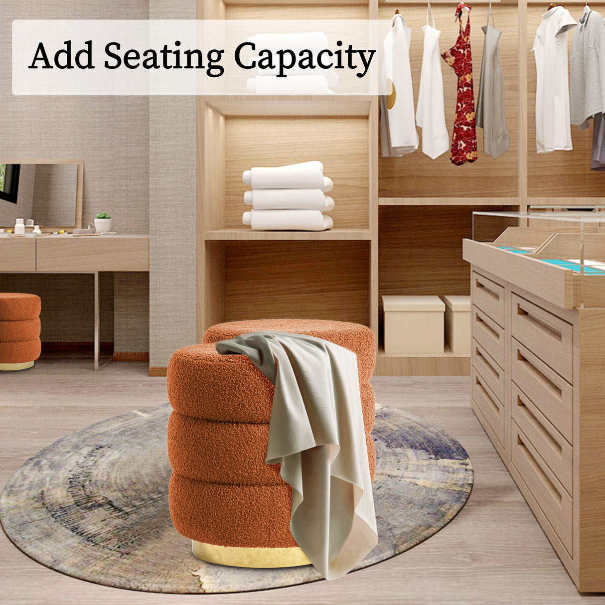 Ottoman Stool Teddy Fabric Round Stacked - ORANGE