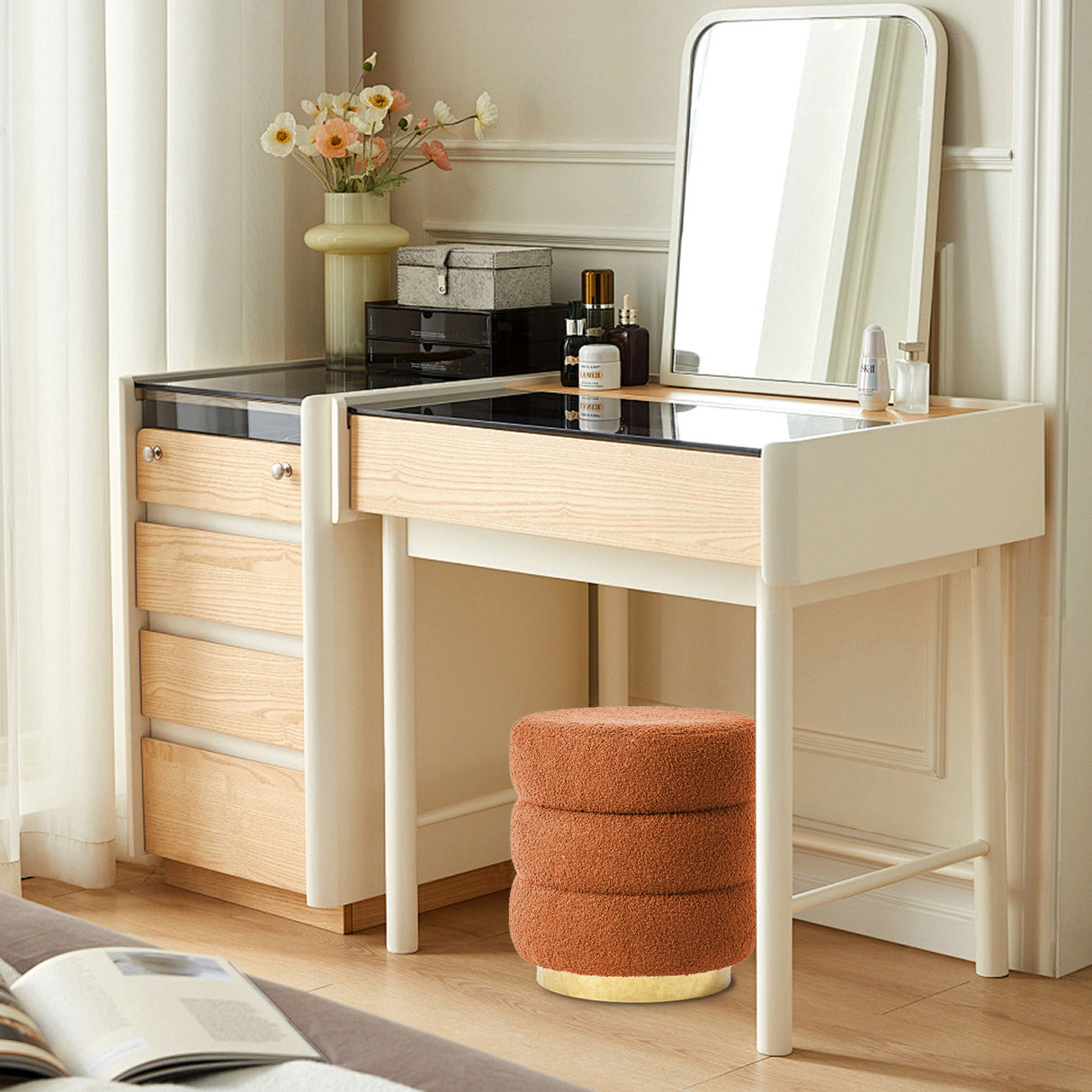 Ottoman Stool Teddy Fabric Round Stacked - ORANGE