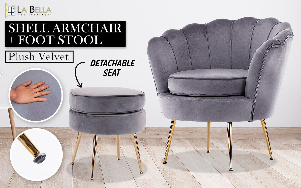 Armchair Velvet Shell Scallop + Ottoman Foot Stool - GREY