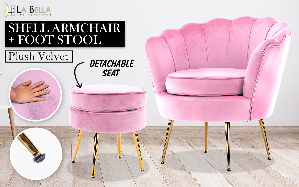 Armchair Velvet Shell Scallop + Ottoman Foot Stool - PINK
