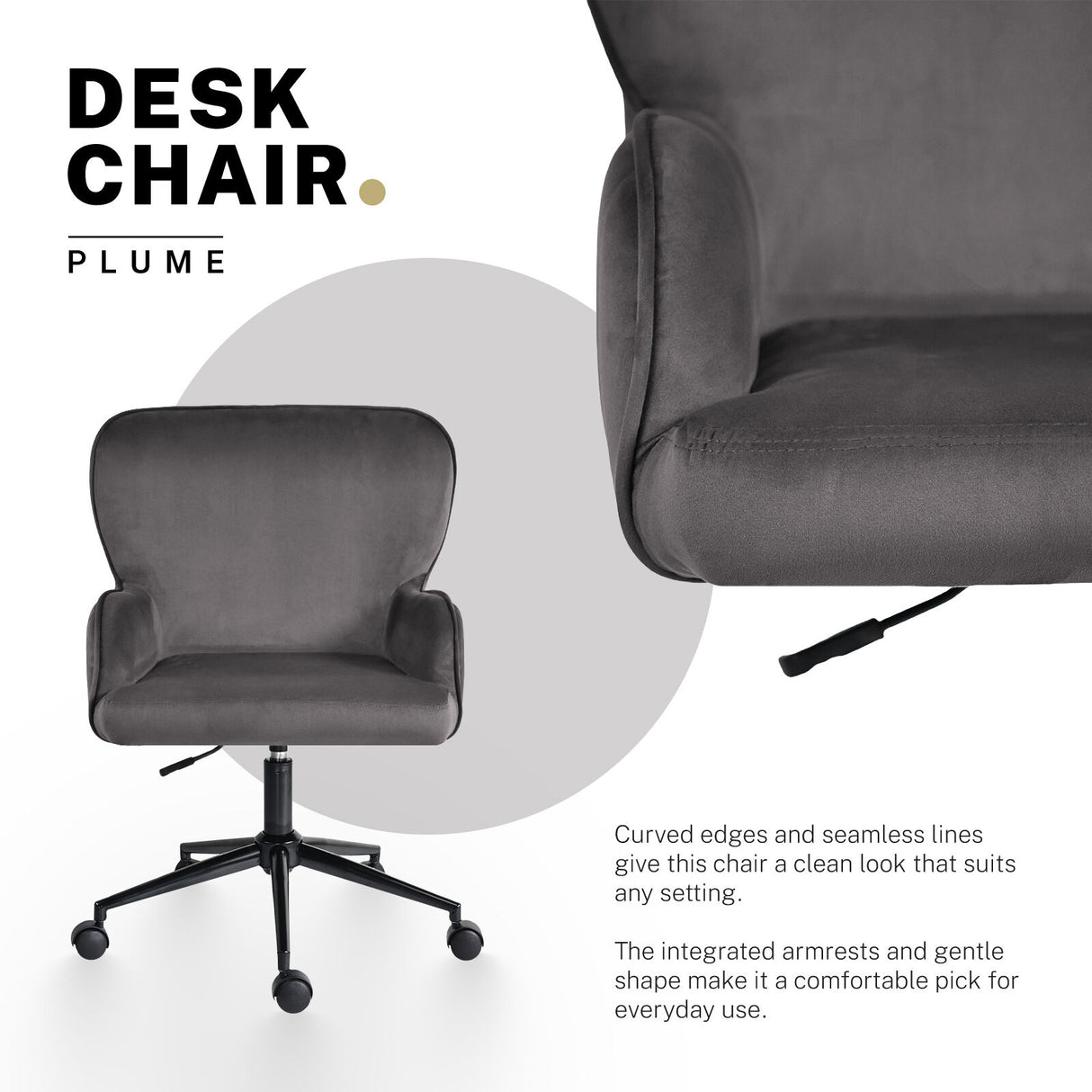 Desk Armchair - Home Office Swivel Chair PLUME - GREY
