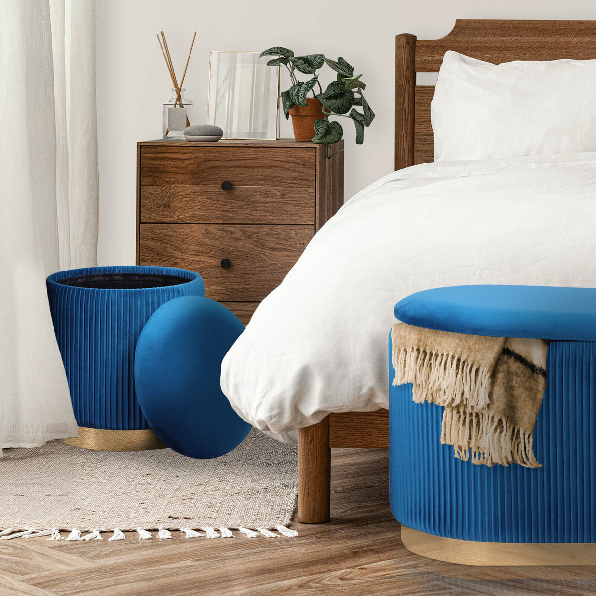 3 Piece Set Storage Ottoman - Velvet Bench Stool FAYE - BLUE