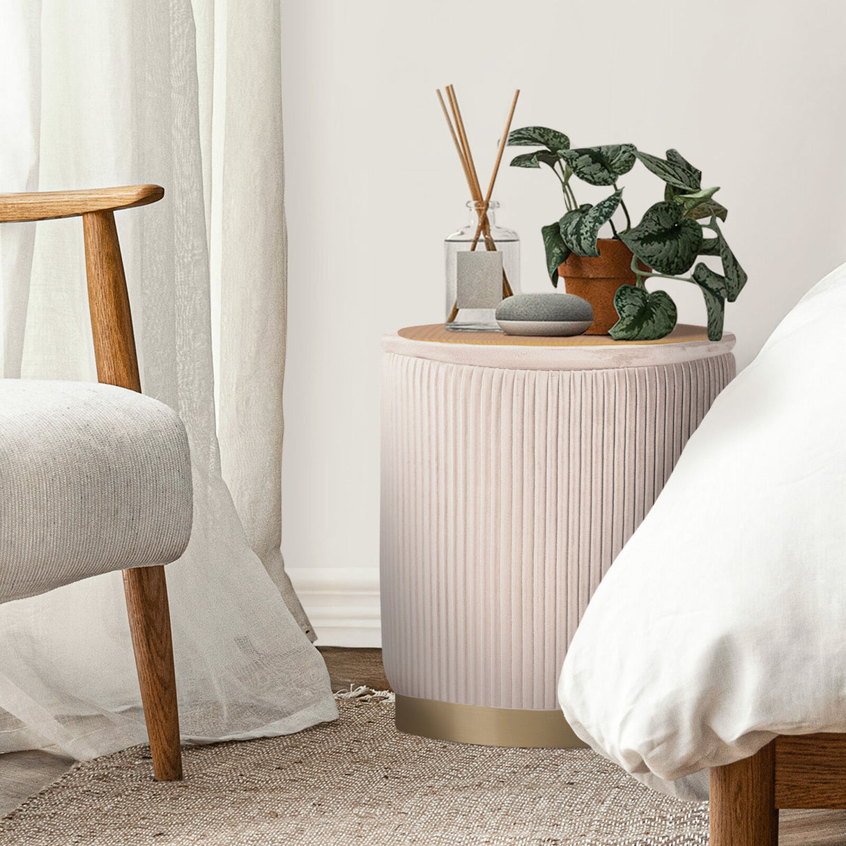 2X Side Table Storage Ottoman - Velvet MIRA CREAM