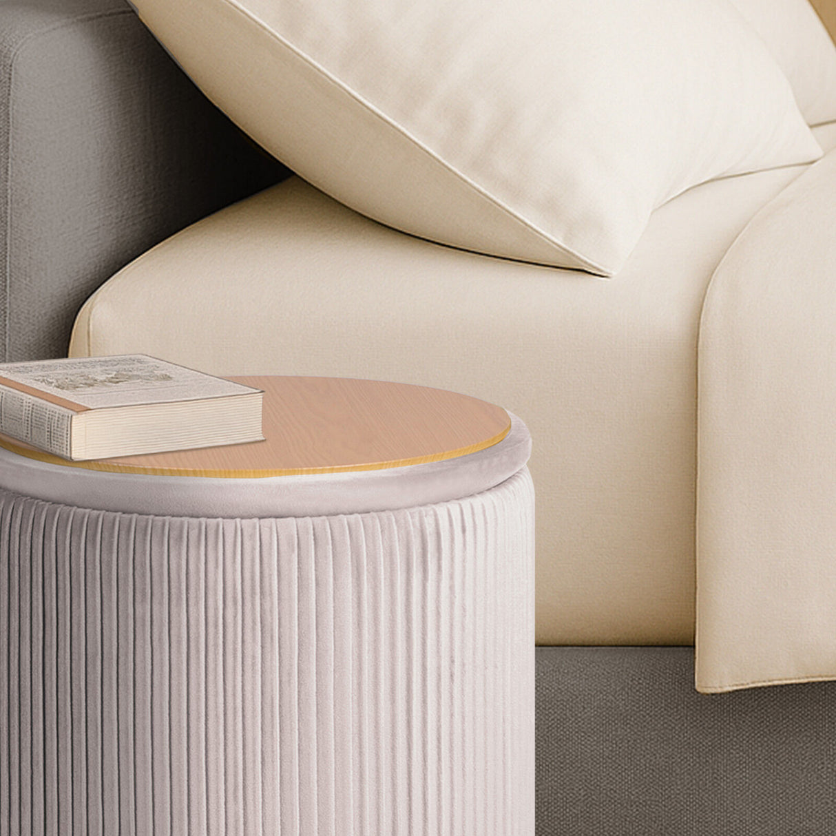 2X Side Table Storage Ottoman - Velvet MIRA CREAM