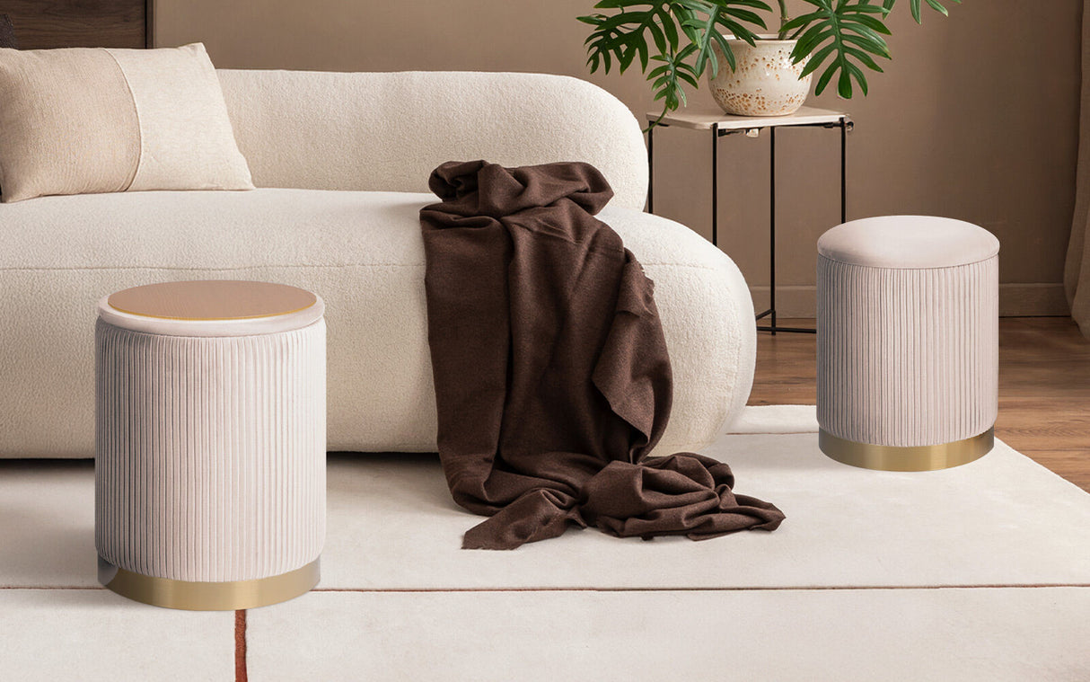 2X Side Table Storage Ottoman - Velvet MIRA CREAM