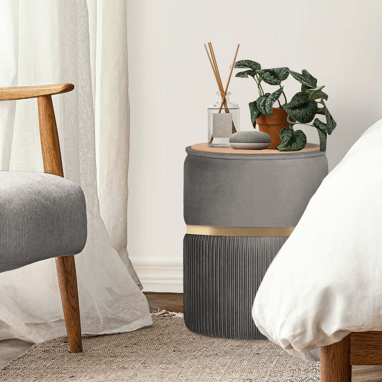 2X Side Table Storage Ottoman - Velvet Stool Footstool REMI - GREY