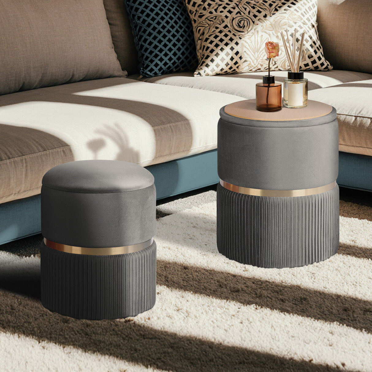 2X Side Table Storage Ottoman - Velvet Stool Footstool REMI - GREY