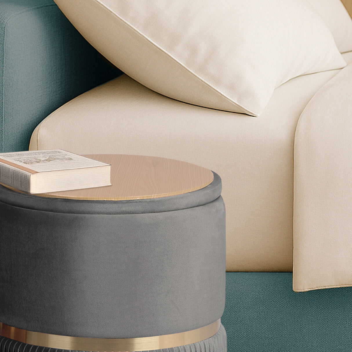 2X Side Table Storage Ottoman - Velvet Stool Footstool REMI - GREY