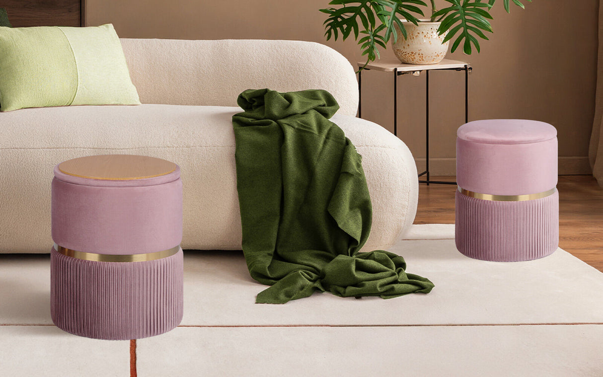 2X Side Table Storage Ottoman - Velvet Stool Footstool REMI - PINK
