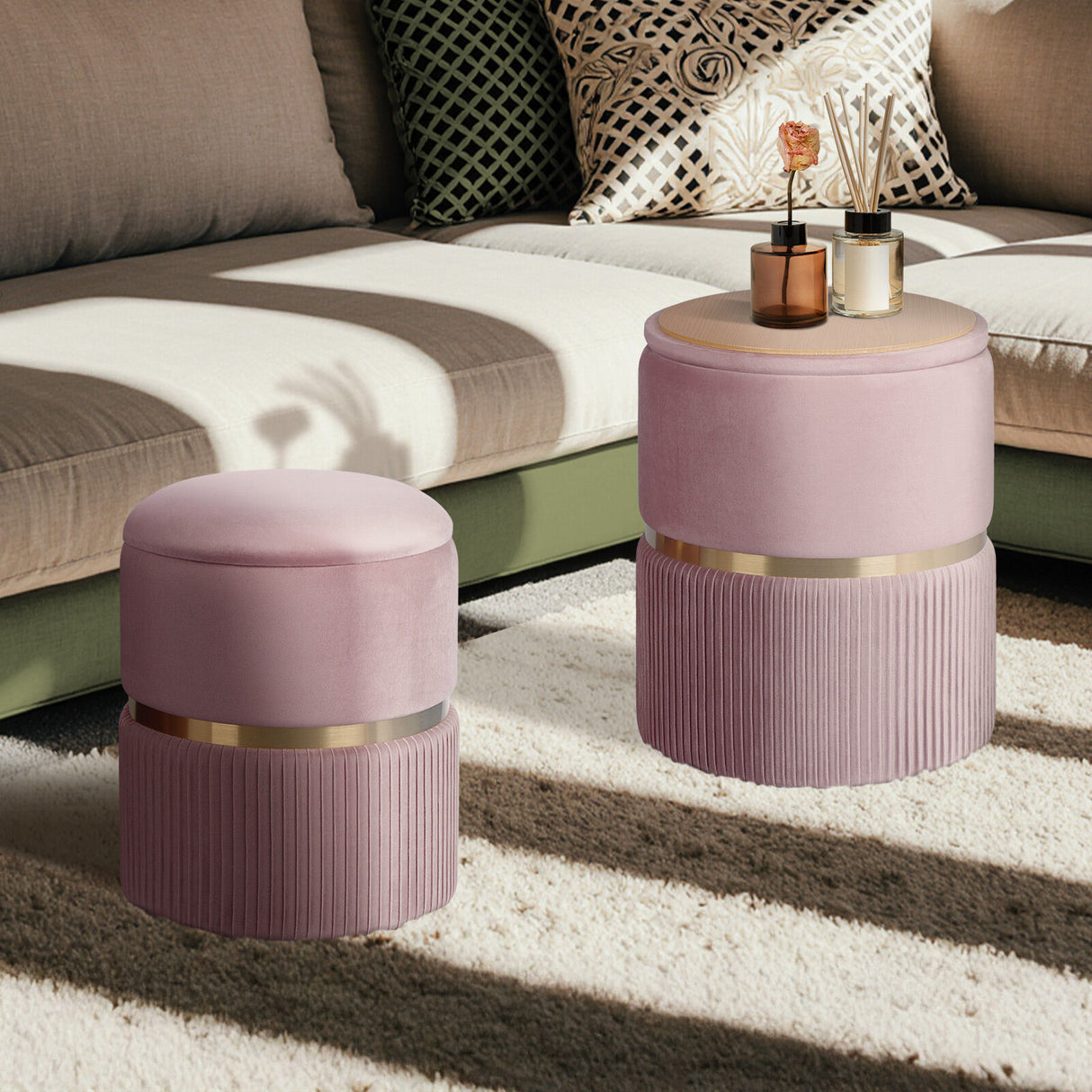 2X Side Table Storage Ottoman - Velvet Stool Footstool REMI - PINK