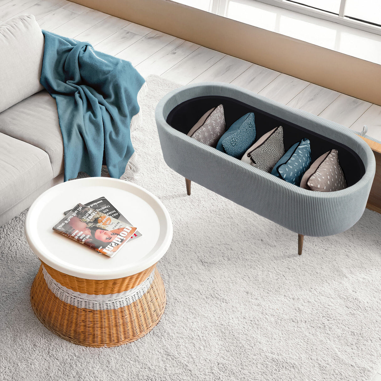 Coffee Table Storage Ottoman - Ribbed Corduroy ESME - Dusty Blue
