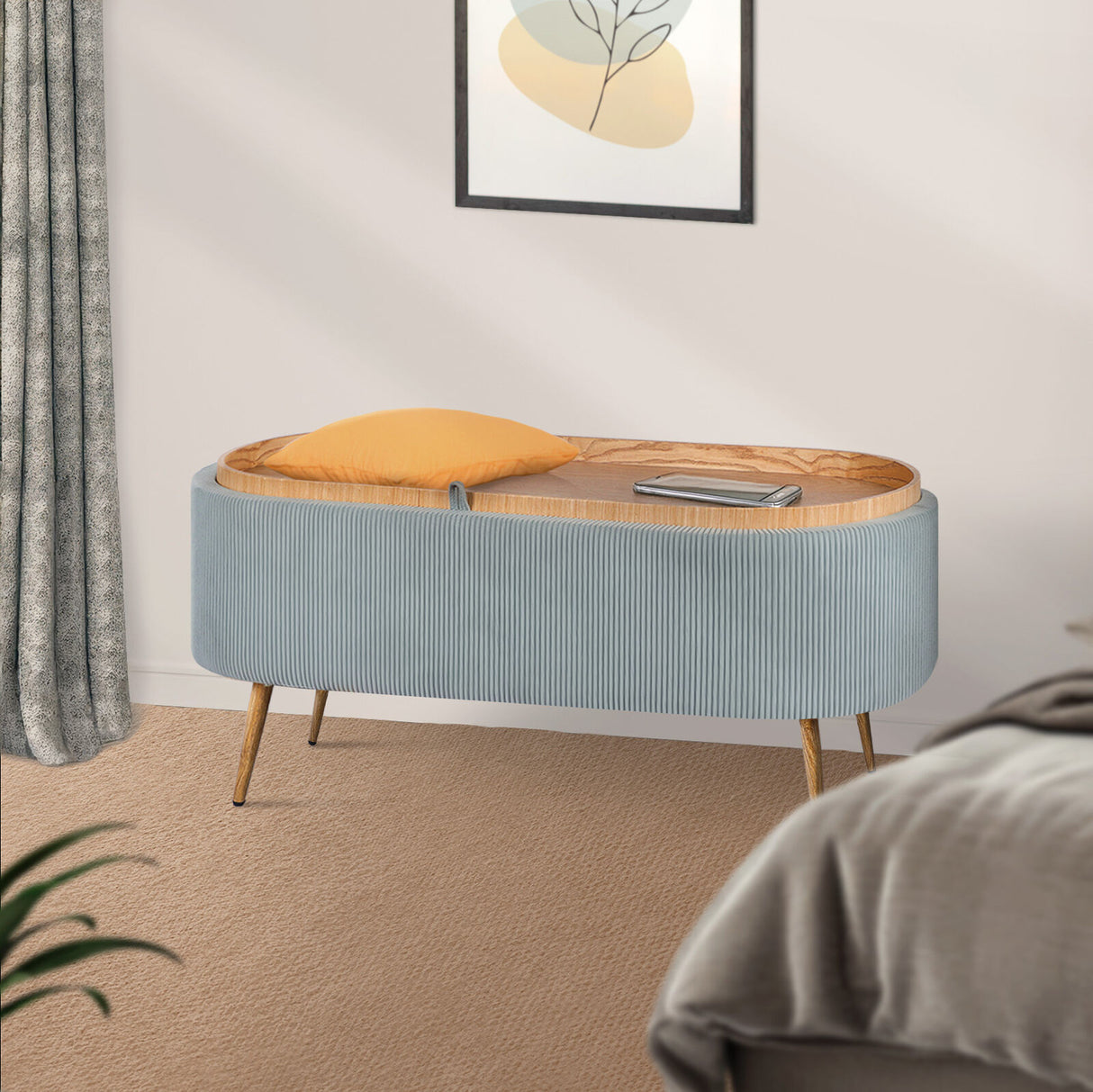Coffee Table Storage Ottoman - Ribbed Corduroy ESME - Dusty Blue