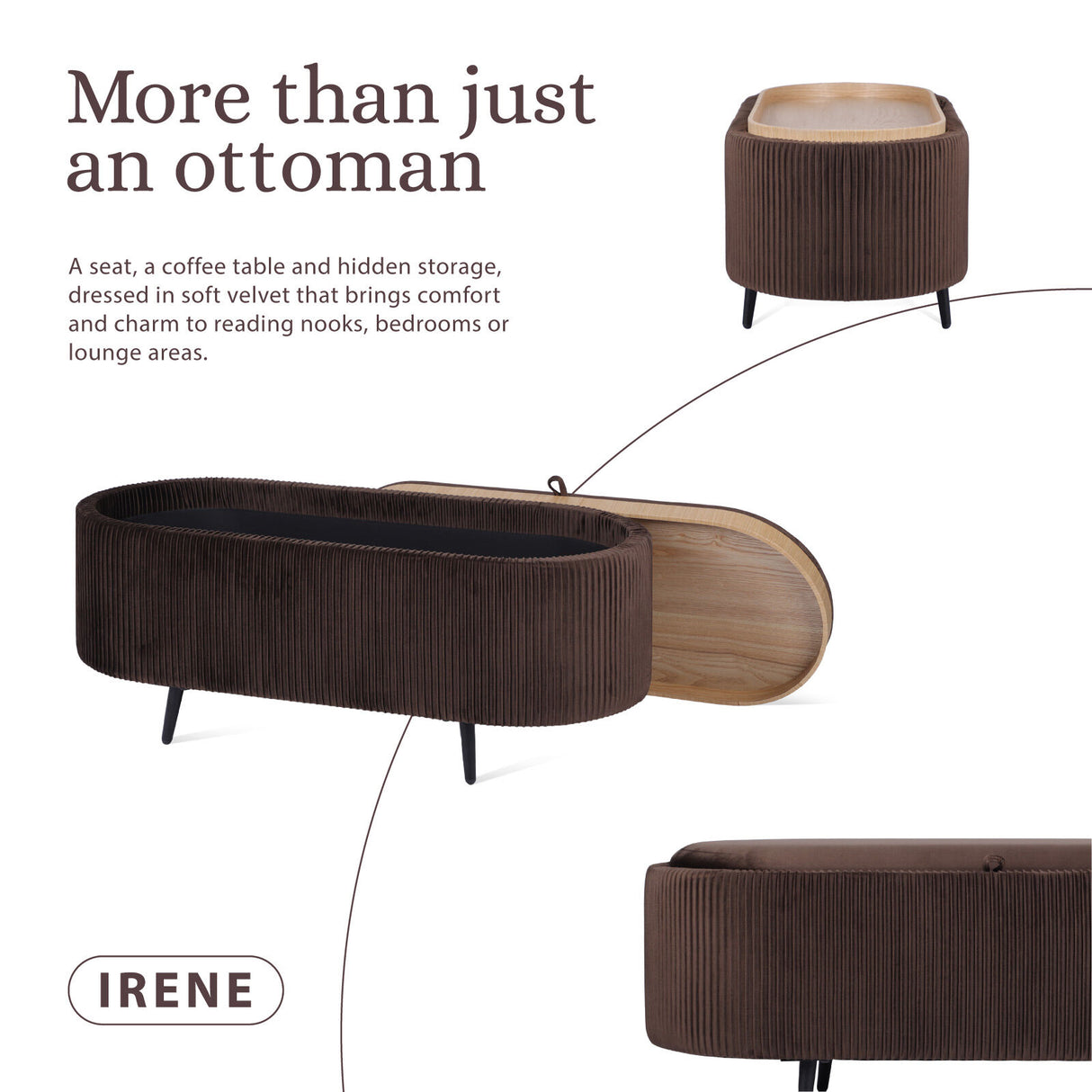 Coffee Table Storage Ottoman - Velvet IRENE - BROWN