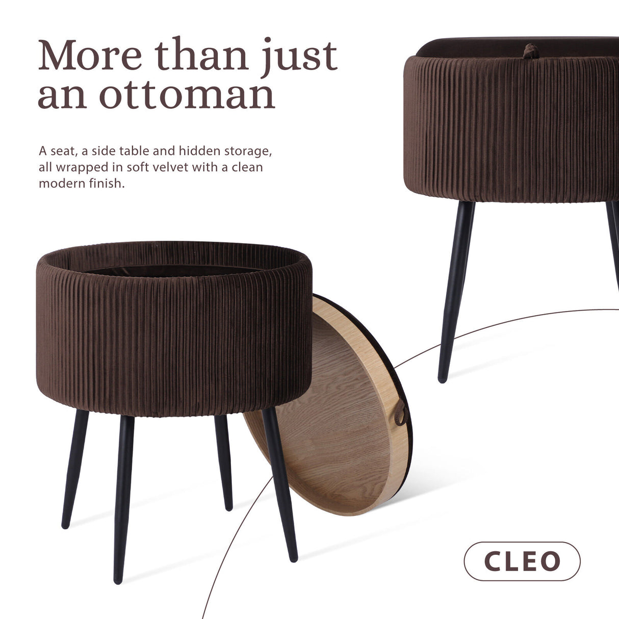 Side Table Storage Ottoman - Velvet Stool Footstool CLEO - BROWN