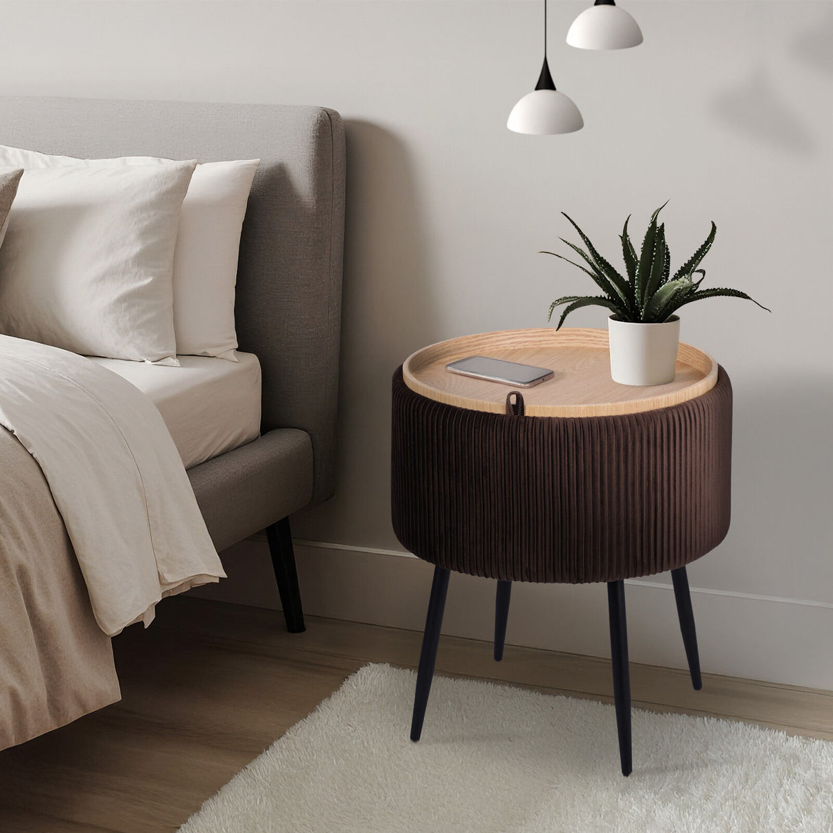 Side Table Storage Ottoman - Velvet Stool Footstool CLEO - BROWN